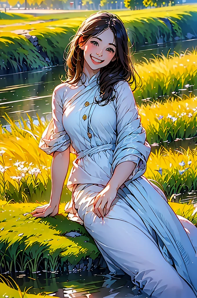 (in 8K、top-quality、​masterpiece:1.2)、One woman、(Smiling smile:1.1)、beautidful eyes、Valley、The upper part of the body、length hair、Like a boy、Longhaire、Green View、