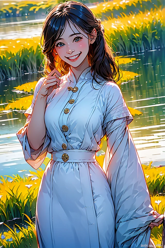 (in 8K、top-quality、masterpiece:1.2)、One woman、(Smiling smile:1.1)、beautidful eyes、Valley、The upper part of the body、length hair、Like a boy、Longhaire、Green View、