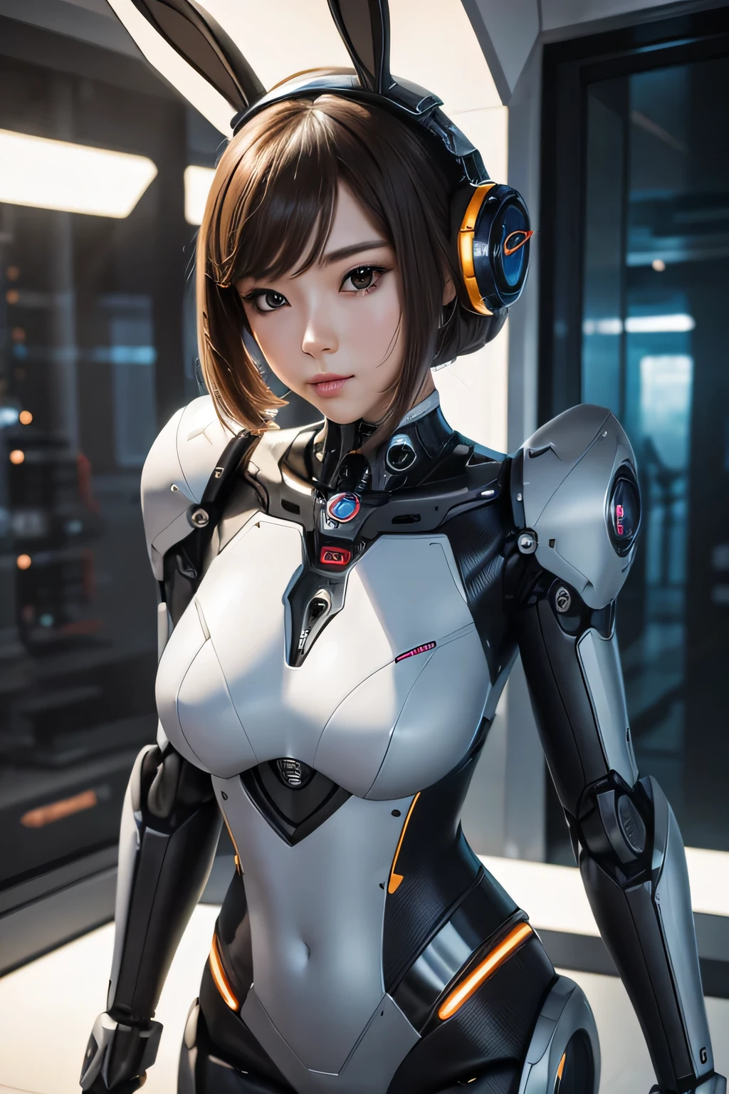 A beautiful female robot with a bunny girl costume　Mechanical body　Appearance looks like she&#39;s wearing a bunny girl costume　The background is the office, UHD, retina, masterpiece, accurate, anatomically correct, textured skin, super detail, high details, high quality, award winning, best quality, highres