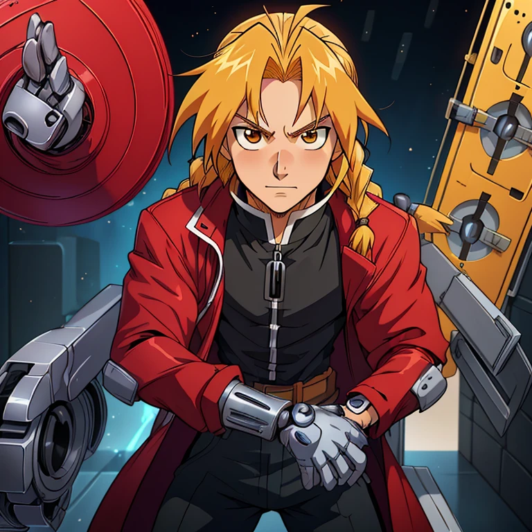 anime artwork realistic,  EdwardElricQuiron, 1boy,    a single metallic mechanical arm, white gloves, red jacket, long hair, male focus, single braid,  solo, . anime style, key visual, vibrant, studio anime, highly detailed