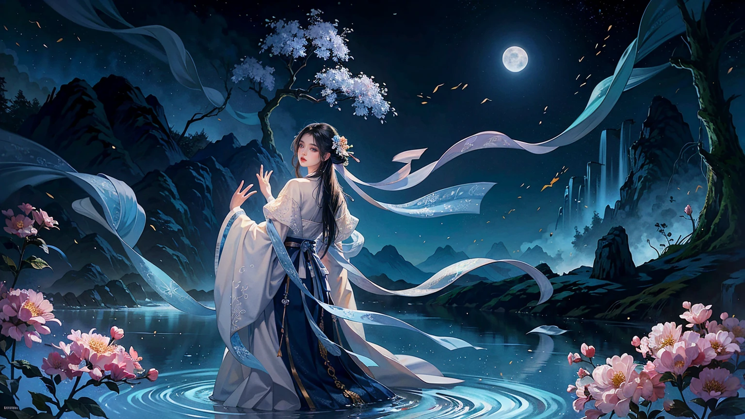 Official Art, Unity 8K wallpaper, Extremely detailed, beautiful and aesthetic, masterpiece, best quality, For the world，You may be alone，But for someone，You could be the whole world, paradox, Adrian Genius, Jenny Savile, Edward Hope, Surrealism, The Dark Arts of James Jean, Takato Yamamoto, 墨water朋克极简主义, fashion magazine, Editorial Photography,  gufeng, moon, Tree, Solitary, water, flower, Branches, night, Black Hair, Back to, shawl, full moon, (1 Korean girl，Sexy facial features), in Tree, Long hair, Sky, sit, Chinese clothes, Hanfu, crescent moon, permanent, outdoor，