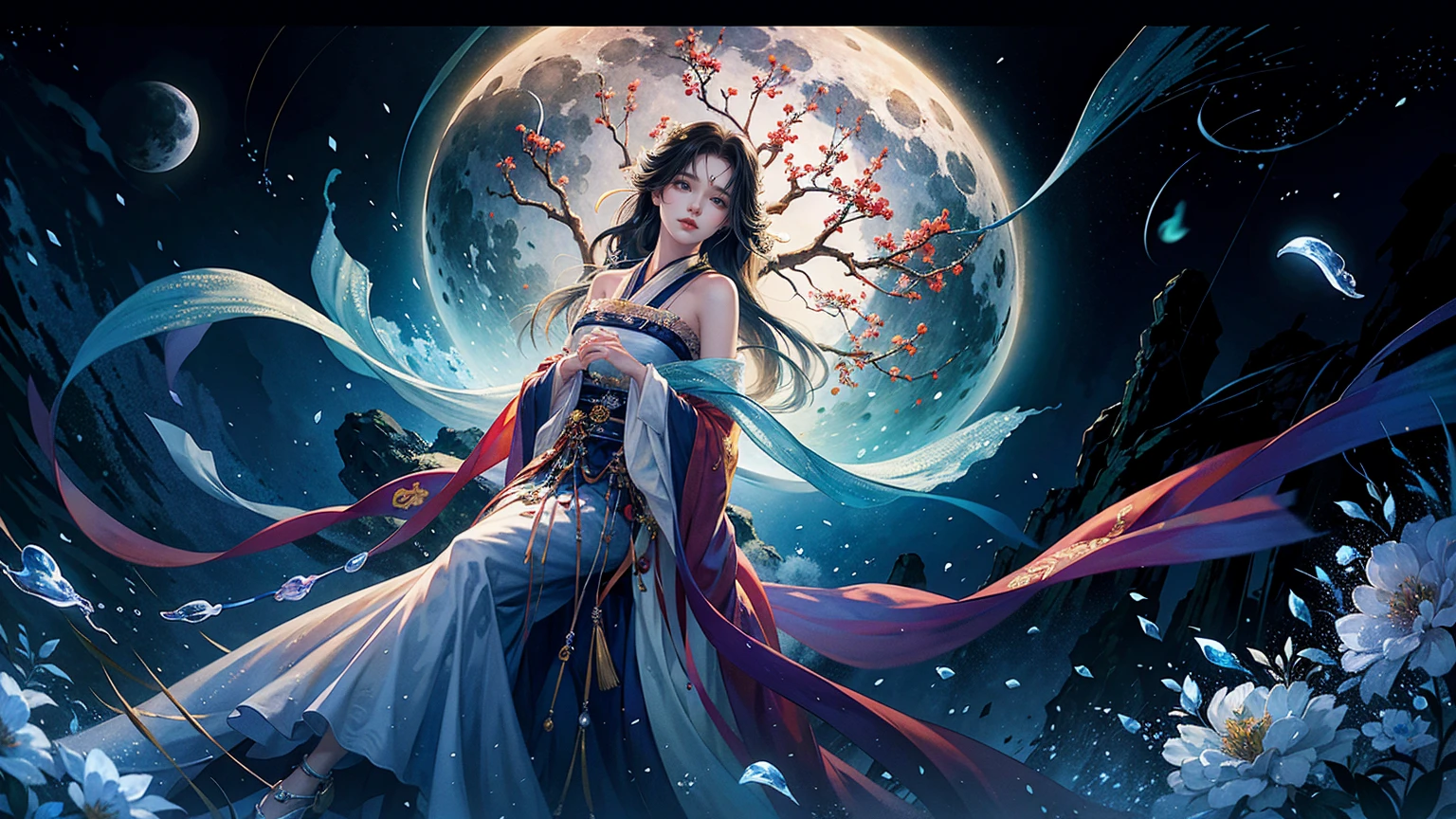 Official Art, Unity 8K wallpaper, Extremely detailed, beautiful and aesthetic, masterpiece, best quality, For the world,You may be alone,But for someone,You could be the whole world, paradox, Adrian Genius, Jenny Savile, Edward Hope, Surrealism, The Dark Arts of James Jean, Takato Yamamoto, 墨water朋克极简主义, fashion magazine, Editorial Photography, gufeng, moon, Tree, Solitary, water, flower, Branches, night, Black Hair, Back to, shawl, full moon, (1 Korean girl,Sexy facial features), in Tree, Long hair, Sky, sit, Chinese clothes, Hanfu, crescent moon, permanent, outdoor,