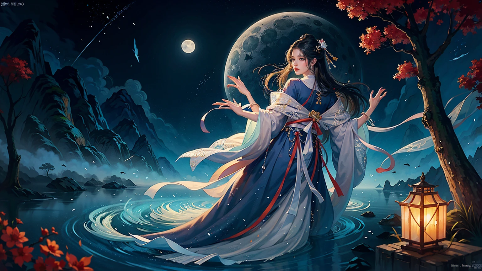 Official Art, Unity 8K wallpaper, Extremely detailed, beautiful and aesthetic, masterpiece, best quality, For the world,You may be alone,But for someone,You could be the whole world, paradox, Adrian Genius, Jenny Savile, Edward Hope, Surrealism, The Dark Arts of James Jean, Takato Yamamoto, 墨water朋克极简主义, fashion magazine, Editorial Photography, gufeng, moon, Tree, Solitary, water, flower, Branches, night, Black Hair, Back to, shawl, full moon, (1 Korean girl,Sexy facial features), in Tree, Long hair, Sky, sit, Chinese clothes, Hanfu, crescent moon, permanent, outdoor,