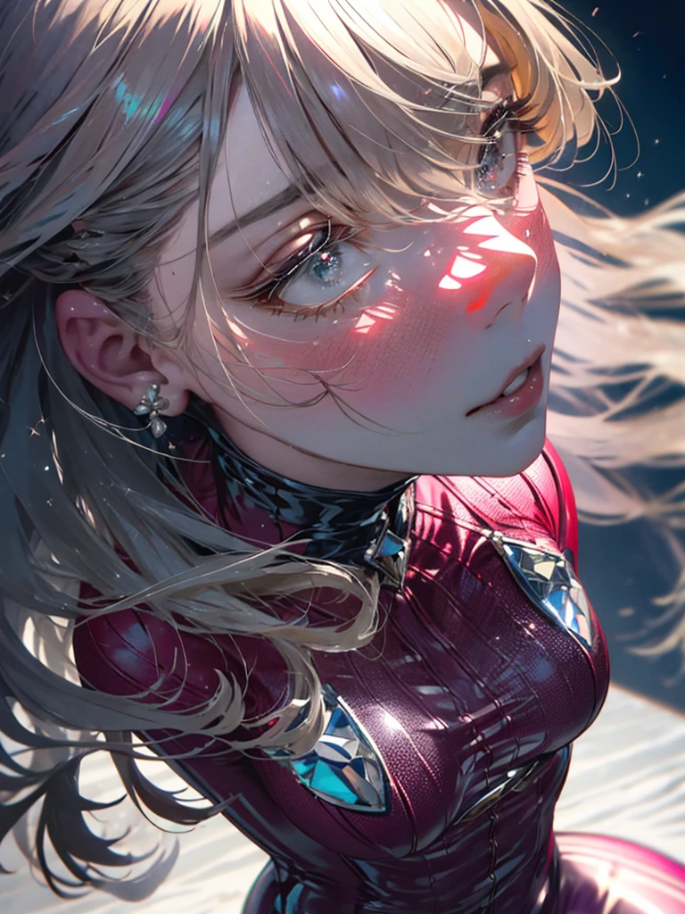 unparalleled masterpiece, ultra realistic 8k CG,masterpiece,pov,(delicate photograph,ultra_detailed,16k,raw photo:1.3),(realistic:1.9,photorealistic:1.9), beautiful detailed eyes,1 girl,(zettai_ryoiki,cameltoe),blonde wavy hair, slender body, precious hair ornament, e-cup chests,white|pink latex bodysuit