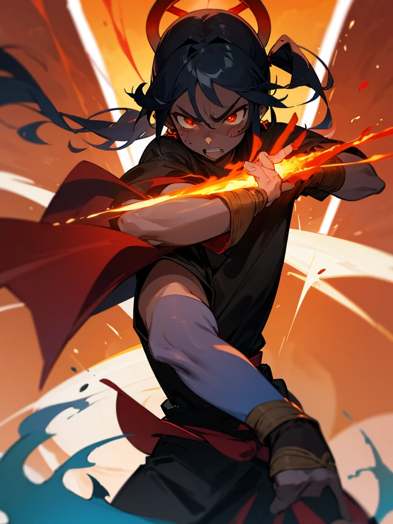 1 Black skin boy with black and curly hair, with some flames arround him. He's wearing an black suit and is holding a iron sword. Red and orange eyes. detailed key anime art, in each hand anime lush john 8k woods, best anime 4k konachan wallpaper, anime style 4 k, zerochan art, in a devasted field, clean detailed anime art, anime art wallpaper 8 k, official anime artwork, anime art wallpaper 4k, anime art wallpaper 4 k
