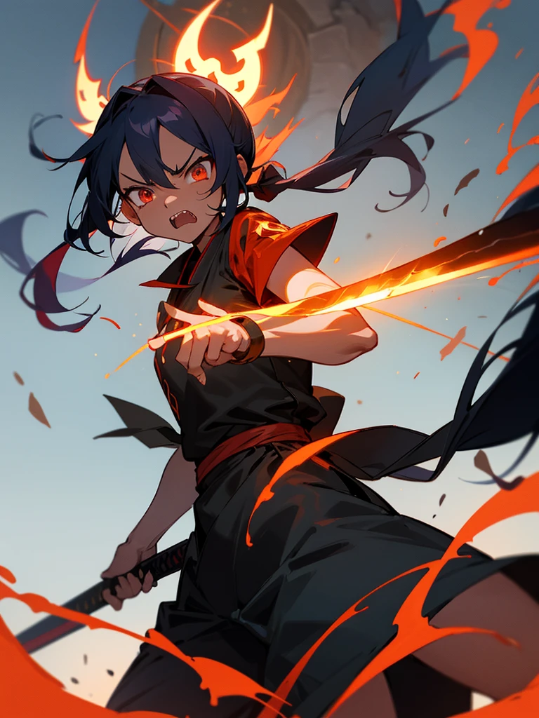 Acala, Red earth clothing、Blue-black skin、Angry expression、Has a sharp sword、tooth、Black pigtail、Burning Flame、Halo