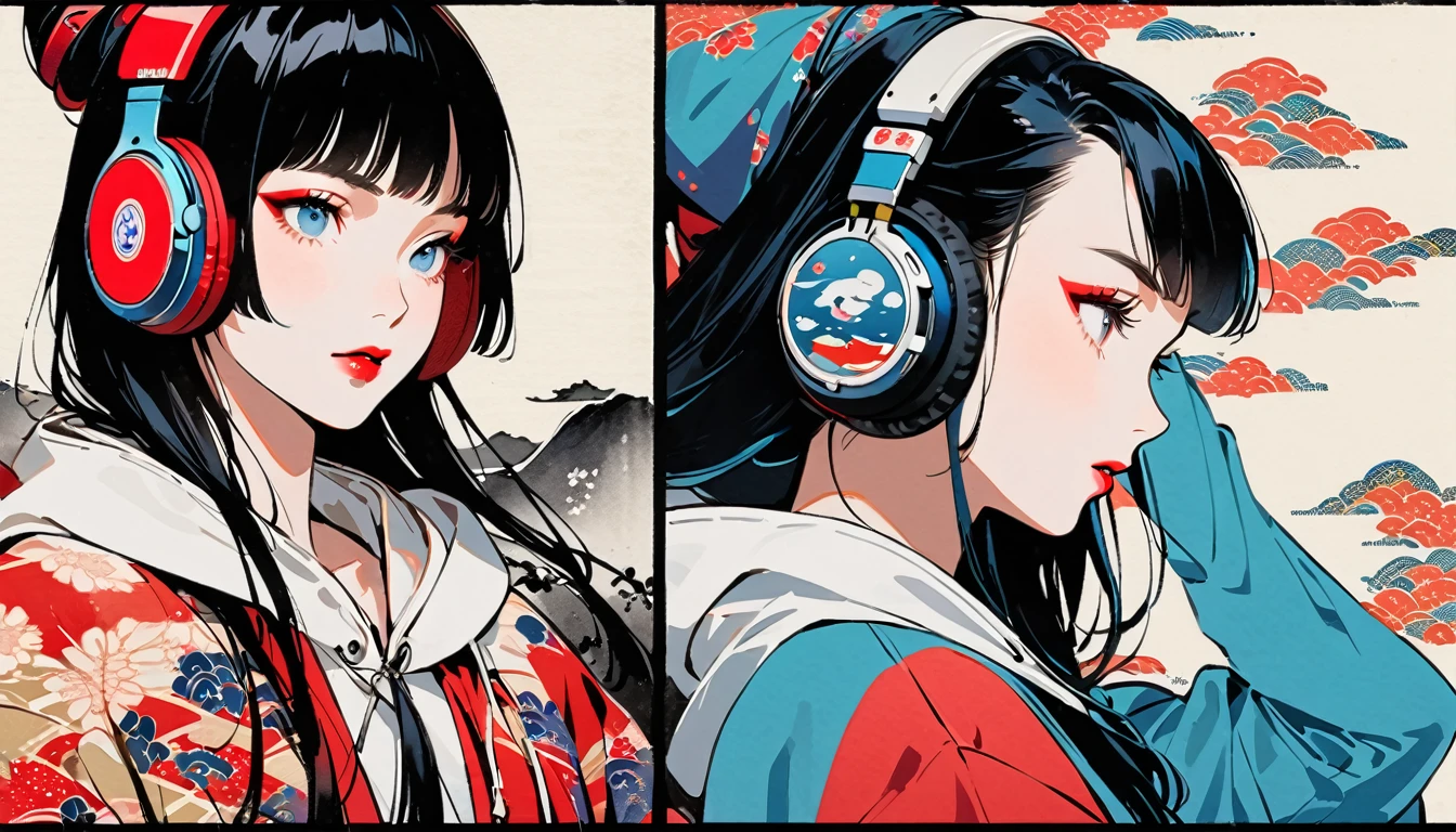 (((Ink Painting))), Fashion portrait color photos, (((1 girl))), (((Flashy makeup))), (((Japanese style headphones))), (((Japanese pattern hoodie))), (((Put on the hood))), Japan人の美少女, Black Hair, Delicate and precise, Modern ukiyo-e style,Japan, Japanese flag, red and blue neon