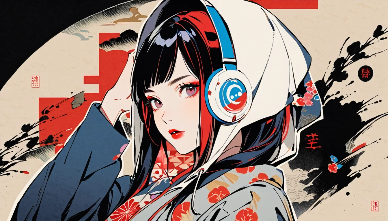 (((Ink Painting))), Fashion portrait color photos, (((1 girl))), (((Flashy makeup))), (((Japanese style headphones))), (((Japanese pattern hoodie))), (((Put on the hood))), Japan人の美少女, Black Hair, Delicate and precise, Modern ukiyo-e style,Japan, Japanese flag, red and blue neon