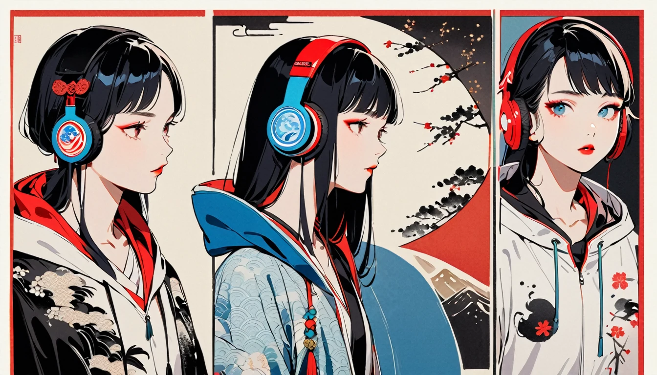 (((Ink Painting))), Fashion portrait color photos, (((1 girl))), (((Flashy makeup))), (((Japanese style headphones))), (((Japanese pattern hoodie))), (((Put on the hood))), Japan人の美少女, Black Hair, Delicate and precise, Modern ukiyo-e style,Japan, Japanese flag, red and blue neon