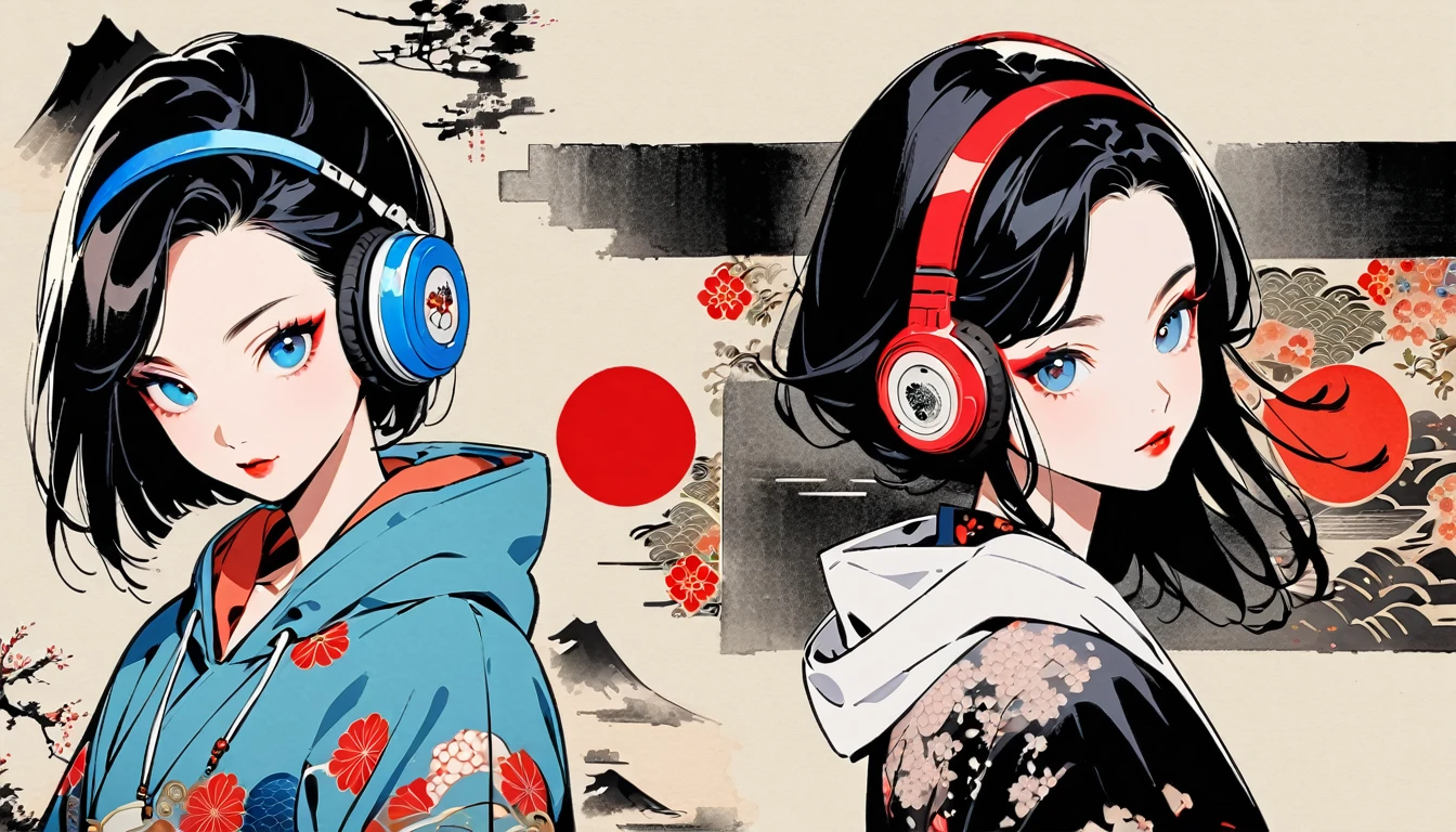 (((Ink Painting))), Fashion portrait color photos, (((1 girl))), (((Flashy makeup))), (((Japanese style headphones))), (((Japanese pattern hoodie))), (((Put on the hood))), Japan人の美少女, Black Hair, Delicate and precise, Modern ukiyo-e style,Japan, Japanese flag, red and blue neon