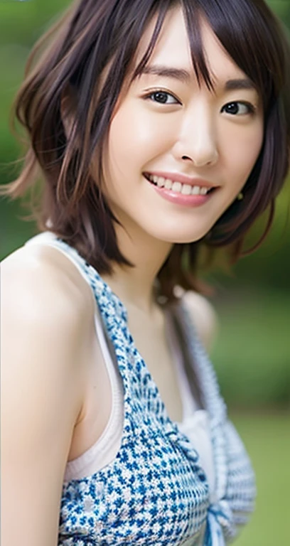 Highest quality, masterpiece, Ultra-high resolution, (Realistic:1.4), RAW Photos, One Girl, Beautiful Japanese Woman, Beautiful Skin, Black Hair:1.7, gakki, ((short hair:1.5)), 30 years old, Smile happily:1.2, bikini、whole body