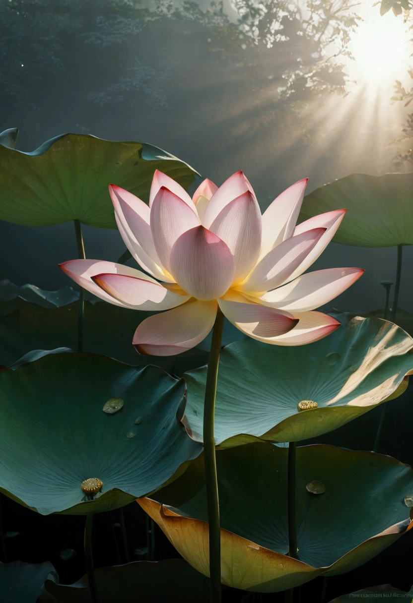 An unopened lotus,Vision,Small and elegant, Sunlight,Foggy,Ray Tracing, Realism,Ultra HD, Retina, masterpiece, precise, Super Detail,, High Detail, high quality, The award-winning, best quality, high resolution, 16K