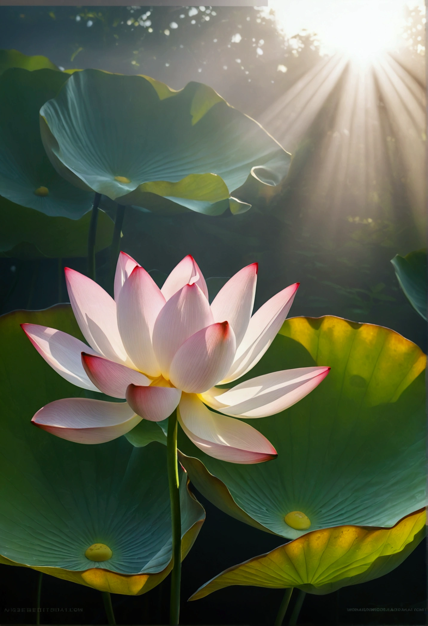 An unopened lotus,Vision,Small and elegant, Sunlight,Foggy,Ray Tracing, Realism,Ultra HD, Retina, masterpiece, precise, Super Detail,, High Detail, high quality, The award-winning, best quality, high resolution, 16K