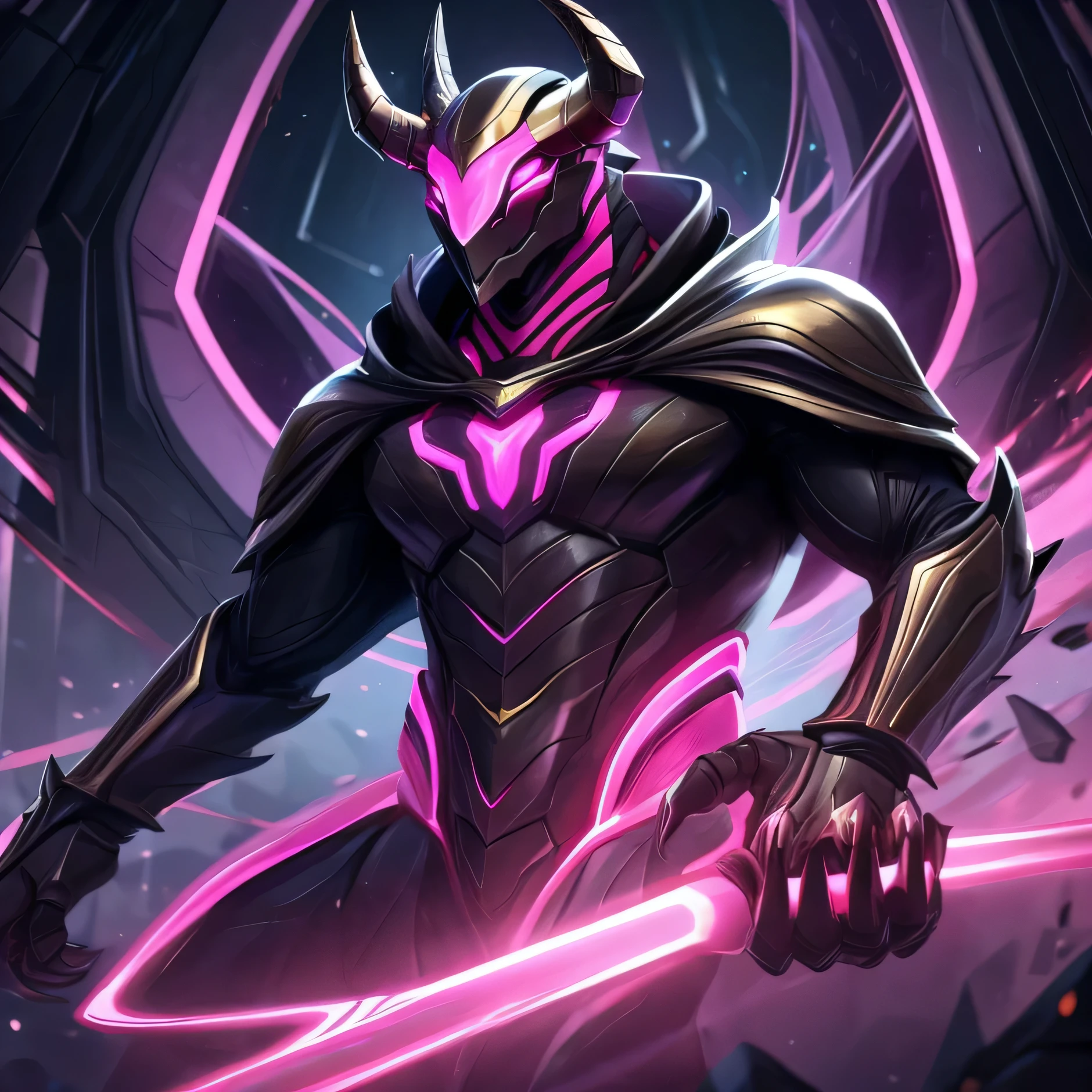 Generate a digital illustration of a humanoid creature with an imposing and regal presence. The creature should have a sleek, dark suit with bright, neon-pink accents. The suit should be form-fitting with futuristic design elements and glowing lines. The creature should have a cape that flows behind them, adding a sense of motion and grandeur. The creature's head should feature a distinctive helmet or mask with a single golden horn protruding from the forehead, and glowing eyes that convey a sense of power. The helmet should have spiked, angular features, and the creature should have sharp, claw-like hands. masterpiece, best quality, perfect anatomy
