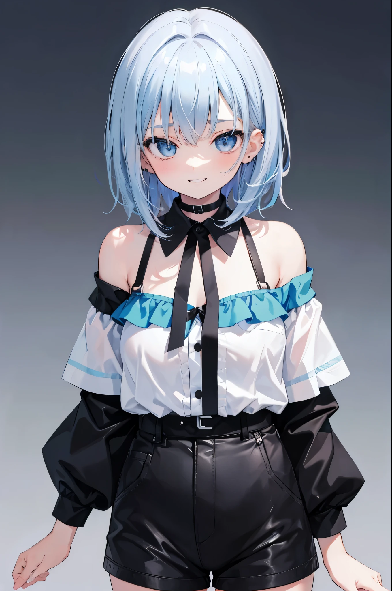 beautiful, masterpiece, Highest quality, anime, One girl, C Cup,Portrait Shot, View your viewers, Covered、Short Hair、nearby、Blue Eyes、art、、White hair,Blue streaked hair、wallpaper、hairpin、Cute smile、Thighs、navel、Black and White_Race Queen、Blue-black_Gloves、Blue-black_Knee-high boots、、Cute、Blue-black_Short skirt、circuit、blue sky、Blue-black_mini skirt、Blue-black_Very short skirt
