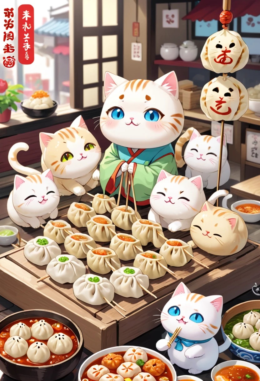A fusion of skewered dumplings and cats、Cute cat、Dumpling shop character、Colorful、Skewered dumplings are cats、Heartwarming、looks delicious、Cute cat