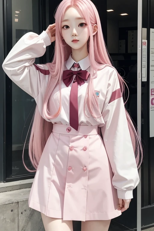 1 girl, long pink hair, pale skin, Wonyoung de IVE, uniform, tender