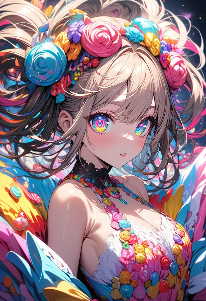 anime girl, candy hair, candy dress, colorful eyes, ultra detailed, ultra detailed eyes, beautiful, woman, elegant,