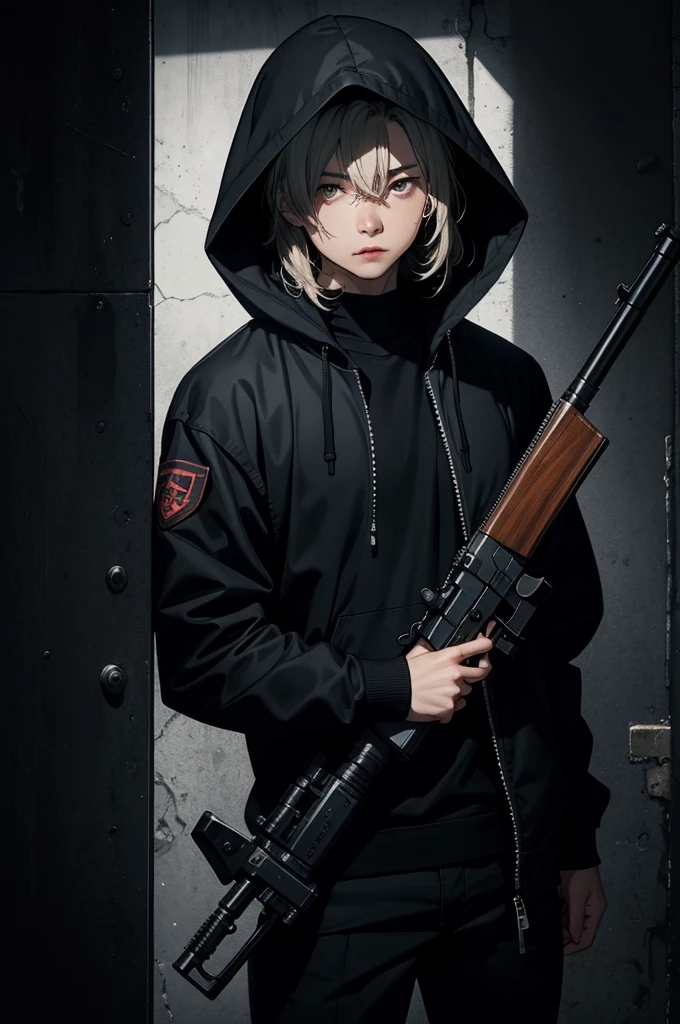 Black hood、Assassin、Dark Background、Gun in hand