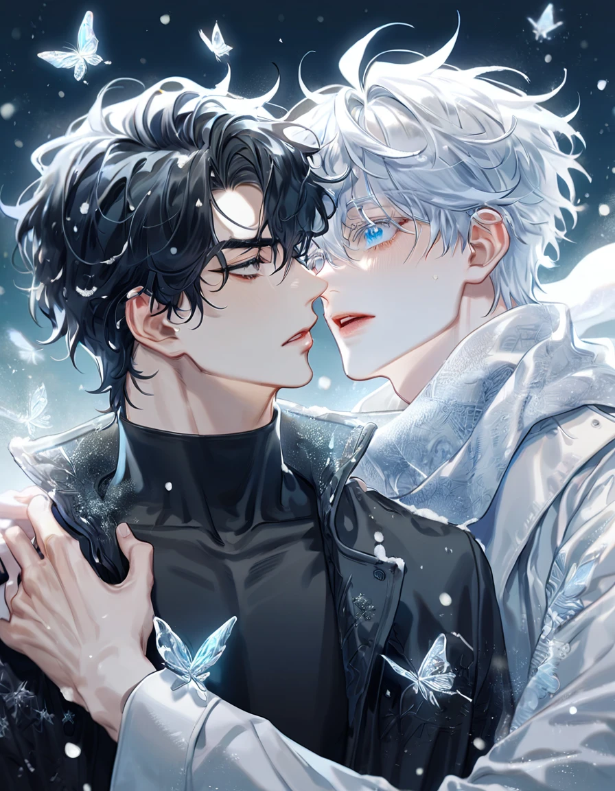(absurdres, highres, ultra detailed, HDR) master piece, best quality, extremely detailed face, delicated features, Gojou Satoru, white hair, expressive blue eyes, white eyelashes, Omniscient Reader's Viewpoint, Yoo Joonghyuk, black hair, expressive gray eyes, two sexy men together, yaoi, gay couple, white coat, black coat, black tight shirt, scarf, snowing, snow, snowflakes, ice butterflies, night sky, magical, fantasy, winter