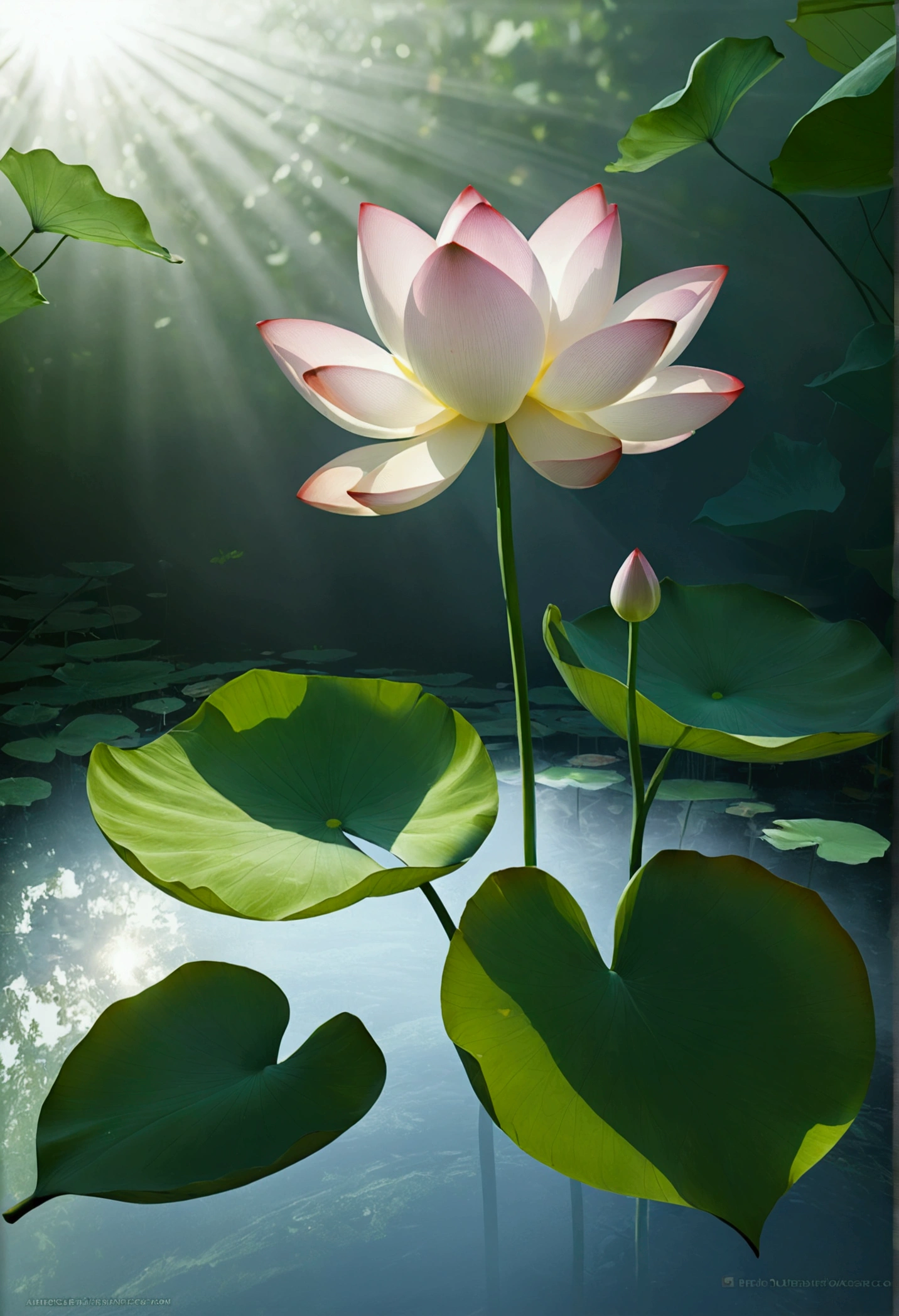 An unopened lotus，Green leaves，Vision，Small and elegant, Sunlight，Foggy，Ray Tracing, Realism，Ultra HD, Retina, masterpiece, precise, Super Detail,, High Detail, high quality, The award-winning, best quality, high resolution, 16K