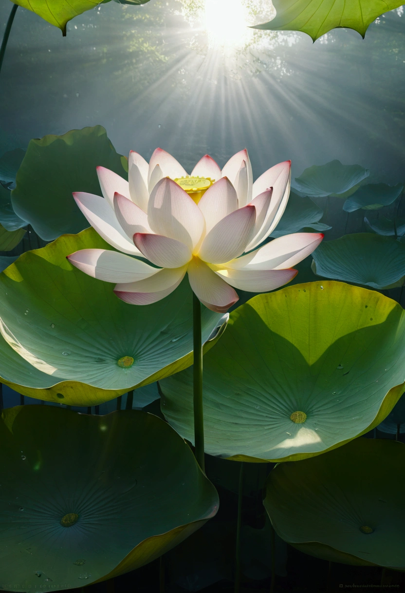 An unopened lotus，Green leaves，Vision，Small and elegant, Sunlight，Foggy，Ray Tracing, Realism，Ultra HD, Retina, masterpiece, precise, Super Detail,, High Detail, high quality, The award-winning, best quality, high resolution, 16K