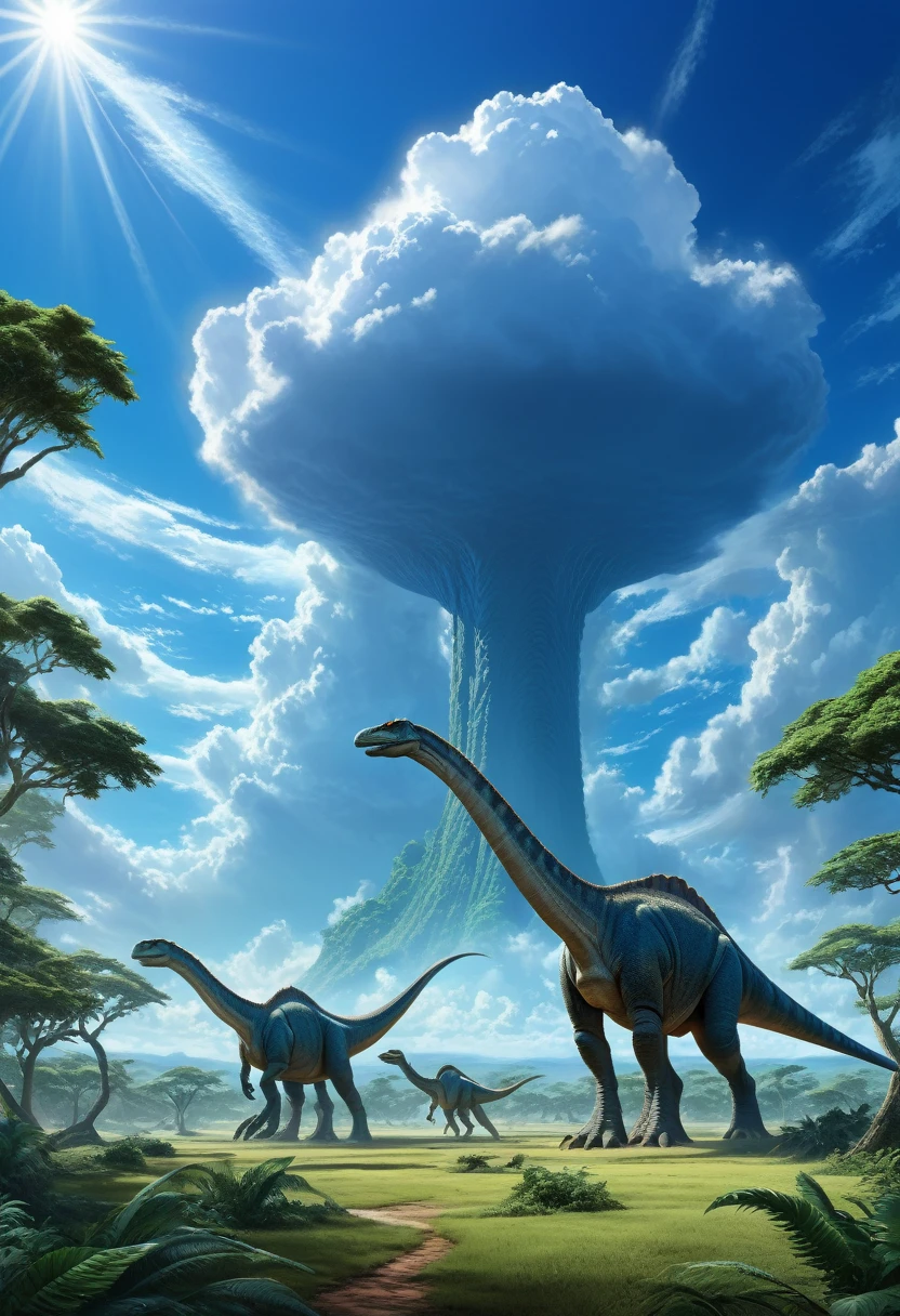 An epic, ultra detailed digital painting of towering dinosaurs, akin to Brachiosauruses, with necks stretching far beyond typical proportions, almost merging with low-hanging clouds in the ultramarine sky, shadows and sunbeams washing over their immense bodies in fascinating play of natural light, set in a panoramic view of a lush prehistoric landscape, dinosaurs, extra-long necks, surreal proportions, cloud