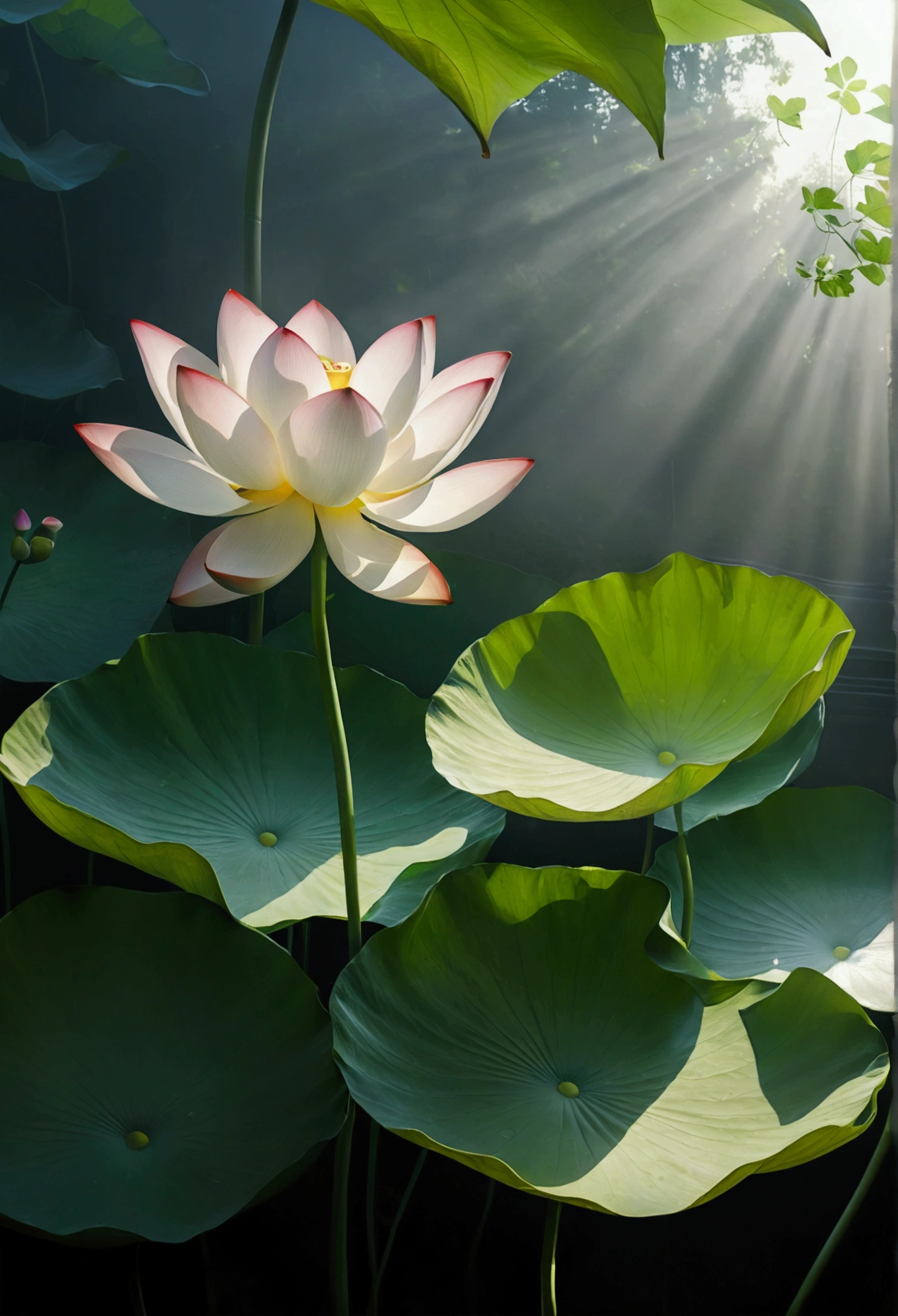 An unopened lotus，Green leaves，Vision，Small and elegant, Sunlight，Foggy，Ray Tracing, Realism，Ultra HD, Retina, masterpiece, precise, Super Detail,, High Detail, high quality, The award-winning, best quality, high resolution, 16K