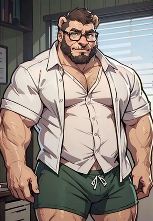 (by badcoyote, by dramamine, by haps), mature male, old chubby bear, obese male, (Brown fur:1.2),((facial beard)),(hi res, best quality, high quality, detailed, shaded, shading, masterpiece:1.2), detailed eyes, detailed clothing, smirk, seductive smile, hairy chest, glasses,inside office,(green pattern boxers:1.4), (white Open shirt:1.5), (necktie removed),(black socks:1.2)