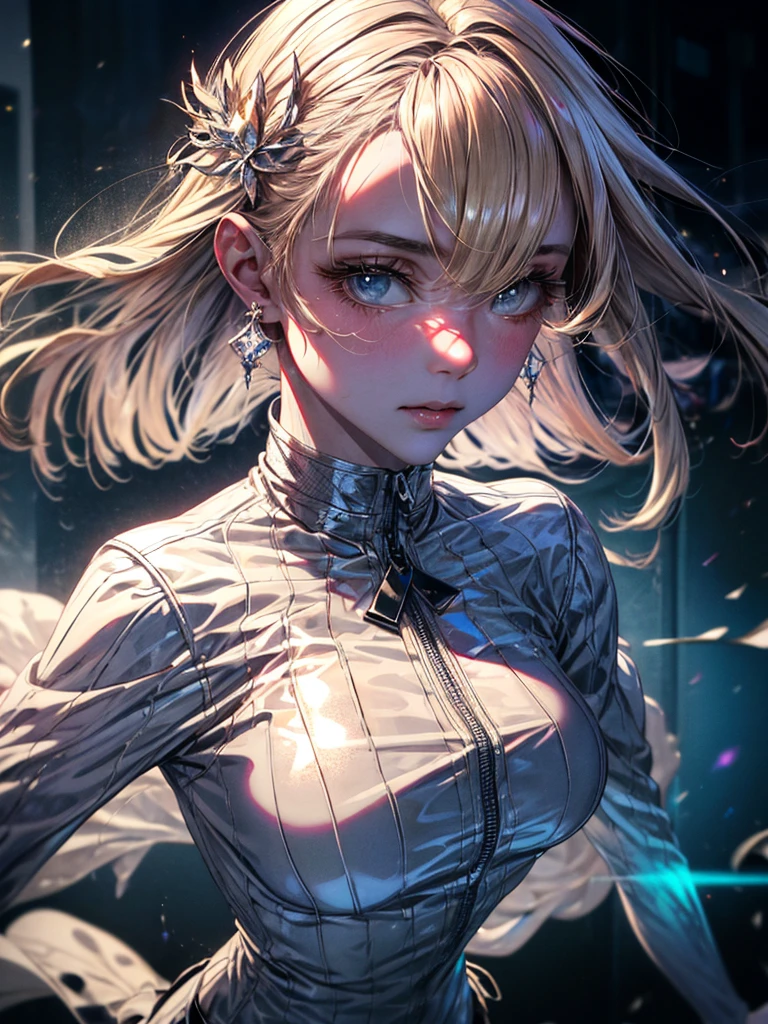 unparalleled masterpiece, ultra realistic 8k CG,masterpiece,pov,(delicate photograph,ultra_detailed,16k,raw photo:1.3),(realistic:1.9,photorealistic:1.9), beautiful detailed eyes,1 girl,(((fullbody,looking at viewer))),(zettai_ryoiki,cameltoe),blonde wavy hair, slender body, precious hair ornament, e-cup chests,white latex bodysuit