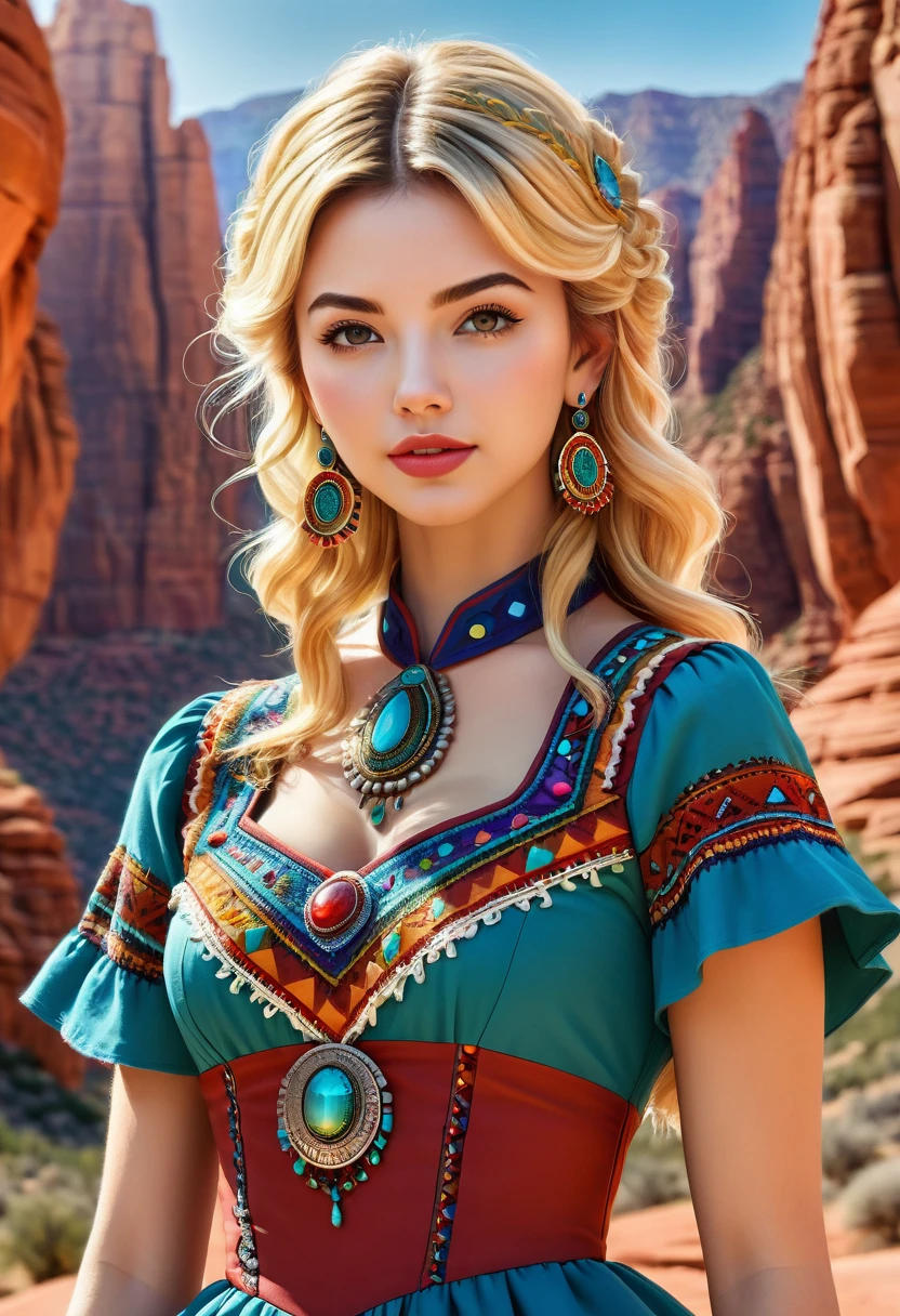 Beautiful boho women stunning merge of Masiela Lusha with colorful southwestern style dress. colorful southwestern earing and. jewelry, blond colored hair that is coarse, wiry, and tightly curled. It often has a rough texture, feels stiff to the touch, and may be prone to frizz and tangling. The curls can be densely packed. The Official Art – An Award-Winning Digital Masterpiece In 4K Ultra HD, Extreme Detail And Intricate Realism. symmetrical face. This Concept Art Brought To Life By The Hands Of Artists Like Wlop & Artgerm In A Stunning 2D Vector Illustration. large, perky, full, vuluptious, symmetrical and spherical breasts. Background is a beautiful panoramic vista of a red rock canyon.