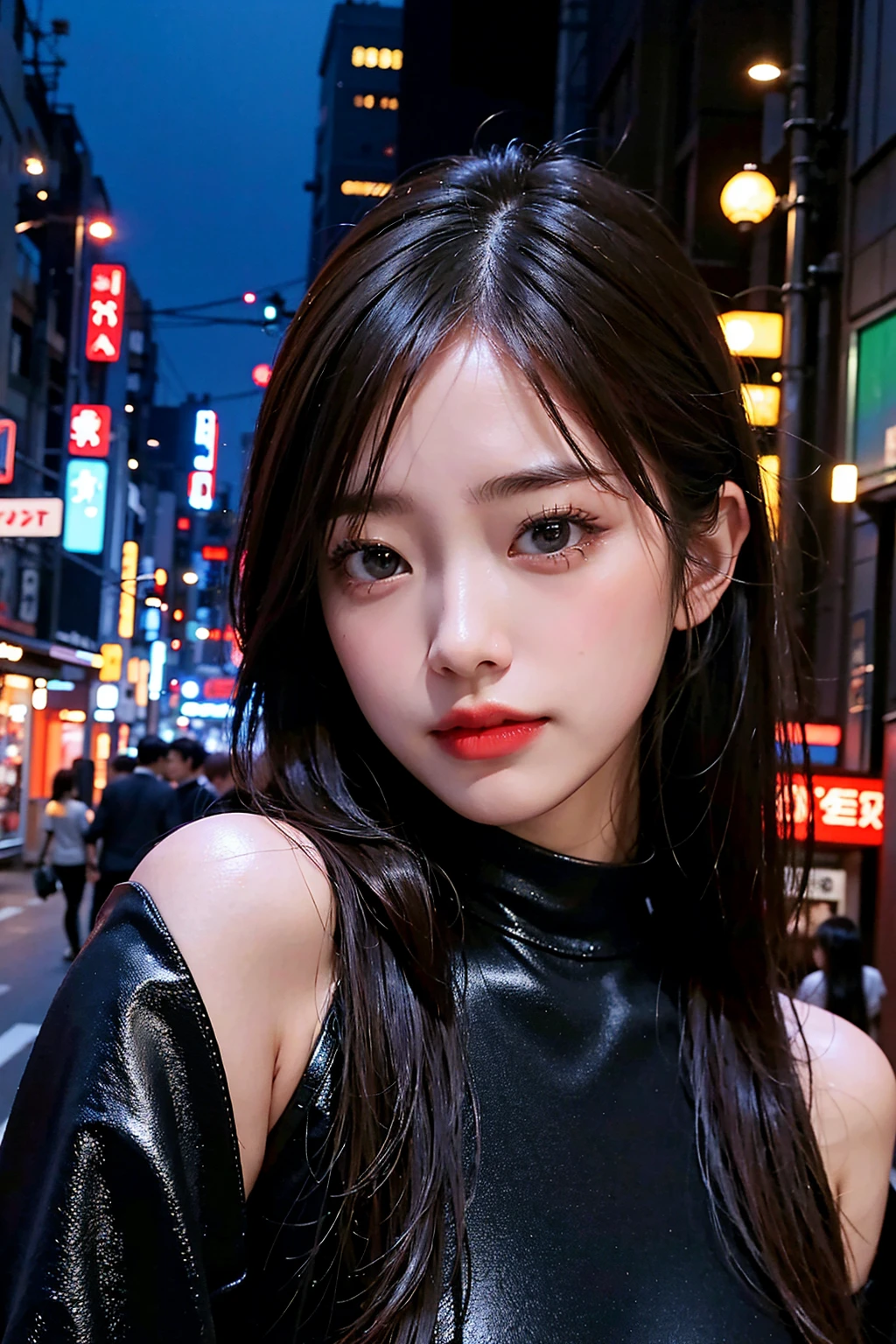1 woman, tokyo streets,night, cityscape,city lights, upper body,enlargement, 8k, RAW photos, best quality, masterpiece,realistic, photo-realistic,