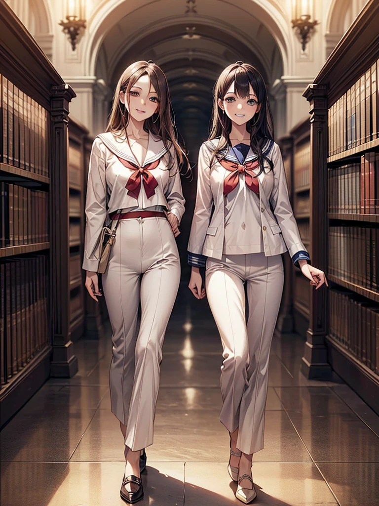 (Biologically correct limb count),Full body, including face,4K,Focus on the masterpiece face,Well-proportioned facial features,Delicate descriptive eyes,One beautiful woman、Excellent style,(White Sailor Suit,skirt),(Grin),Looking down,Photos with white borders,Look away from the camera,National Library,walking