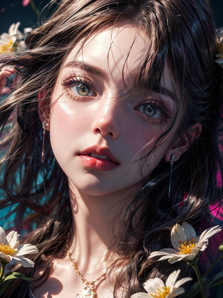 WLOP detailed beautiful face and eyes, rouge at the outer corner of the eye, lipstick, eyeshadow, long hair, glowing flowers creeping up neck, ear piercing with chain, collarbone, close shot, oil painting