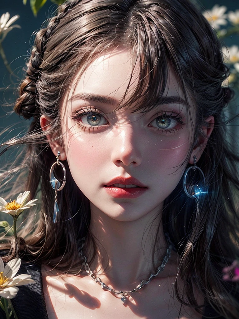 WLOP detailed beautiful face and eyes, rouge at the outer corner of the eye, lipstick, eyeshadow, long hair, glowing flowers creeping up neck, ear piercing with chain, collarbone, close shot, oil painting