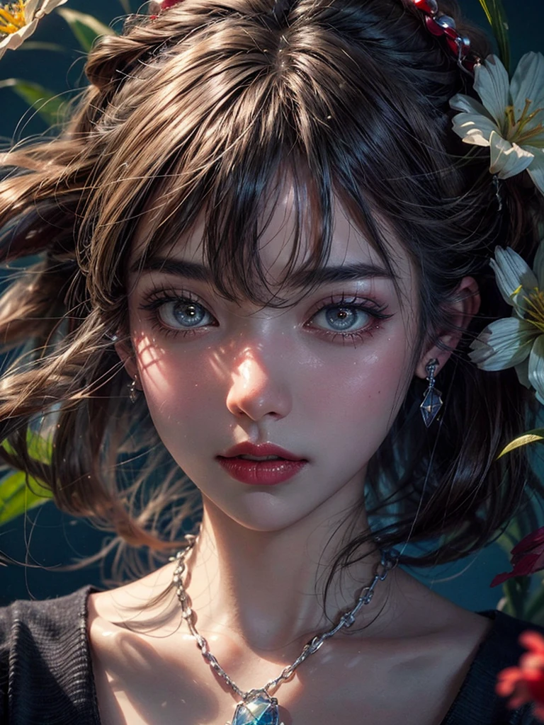 WLOP detailed beautiful face and eyes, rouge at the outer corner of the eye, lipstick, eyeshadow, long hair, glowing flowers creeping up neck, ear piercing with chain, collarbone, close shot, oil painting