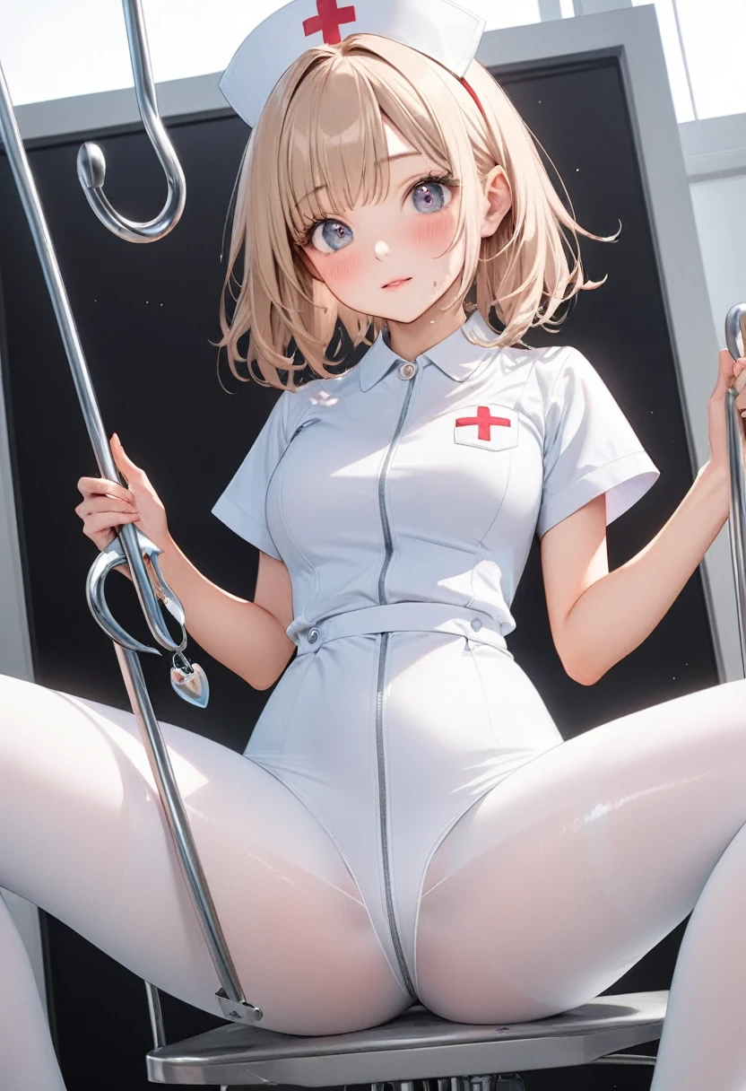 (((Nurse), (White pantyhose), (shiny costume))), skindentation, skinny, Solitary, 1 female, masterpiece, best quality, best quality, 16K, Ridiculous, Very detailed, 2.5D, Artificial Intelligence Generation, Delicate and dynamic, Very delicate expression, Delicate eye depiction, pornography, only Sexy woman, ((Cute and kind face)), Healthy body, ((25-year-old female)), Height 160cm, Medium firm swing bust, blush, Sweat,Awkward,Sexy, ((Thin thighs)), (Camel toe:0.7), (nipple可见:0.3), (nipple,:0.7), bright, Look directly at the audience, (((estrus))), ((oily_skin)), ((Hook of Holland)), (( pose)), ((A Keene))
