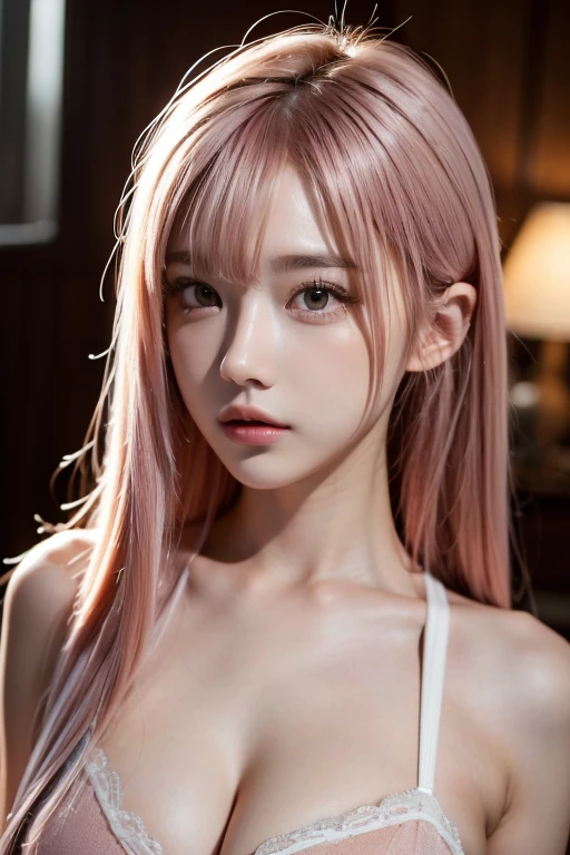side glance,最high quality, masterpiece, High resolution, One girl,Beautiful Face, Rim Light, Two-tone lighting,(Skin with attention to detail:1.2), 8k uhd, Digital SLR, Soft lighting, high quality, Volumetric lighting, photograph, High resolution, 4K, 8k, Pink Hair,Morning,coffee