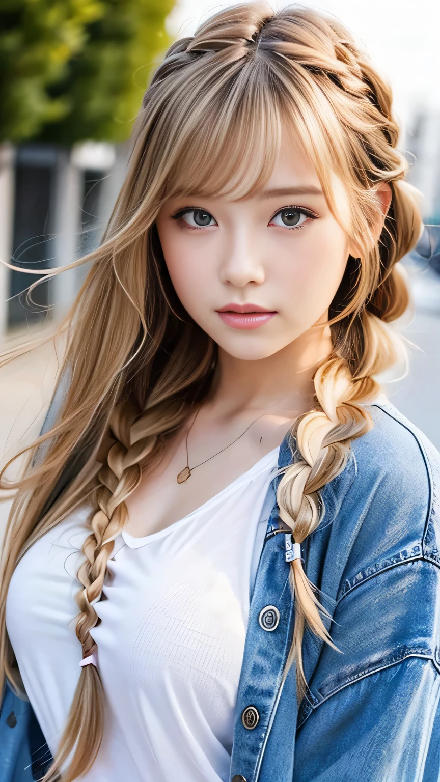 Sexy Big 、Sexy cute looks and cute beautiful girl, beautiful and sexy face、A strong wind blows my hair in front of my face、beautiful long blonde French braided hair、beautiful, Cute and sexy eyes hidden behind long bangs