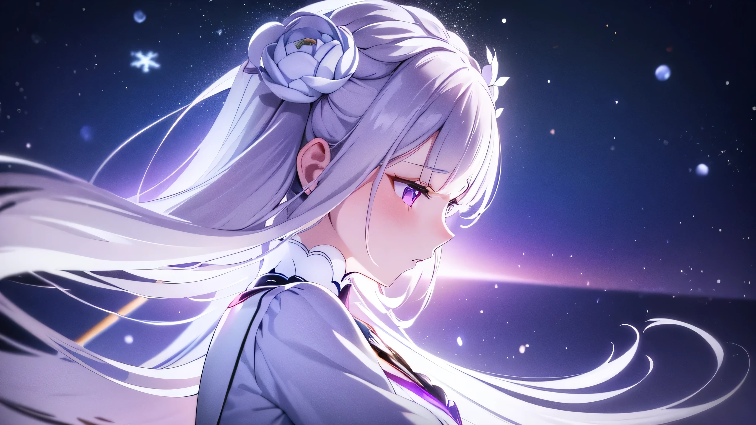 about:zero, emilia, white hair, hair flower, masterpiece, Amazing, 8k, detailed, 1 girl, (bluaboutd background), ((wallpaper)), Purple Eyes, White leggings, Cute, wallpaper, falling snowflakes, Dark background, Put your hands behind your back, (look up),shy,Side view