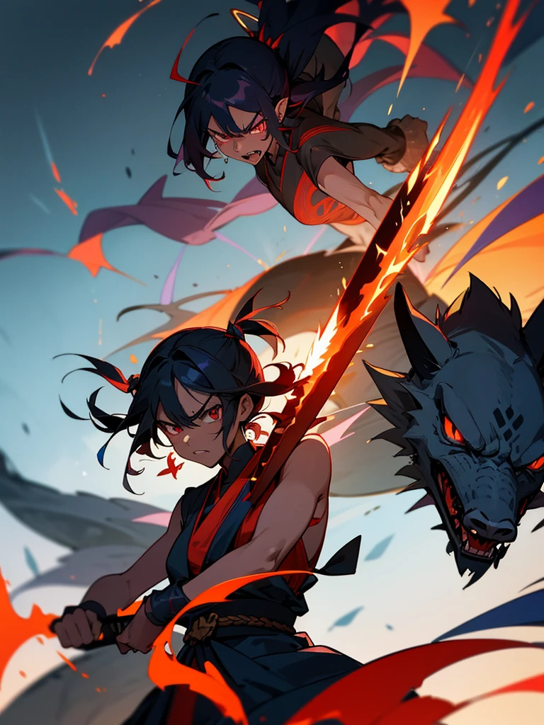 Acala, Earth-red dogi、Blue-black skin、Angry expression、Has a sharp sword、Black pigtail、Burning Flame、Halo、Black Dragon