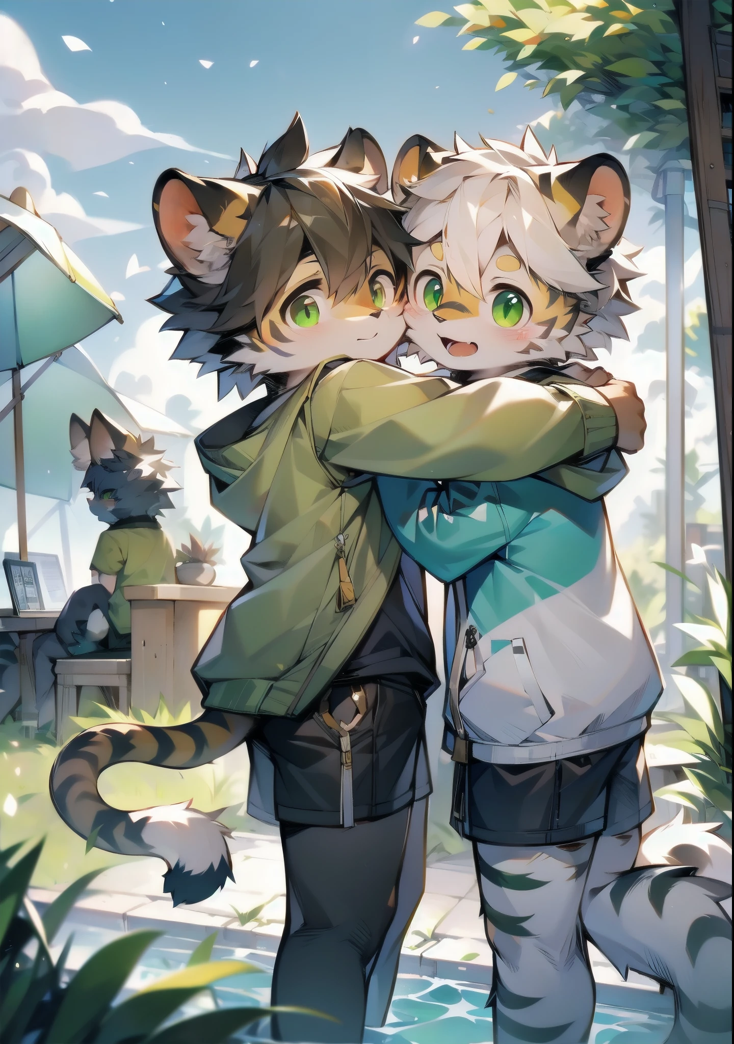 (Cat,Gray hair and green eyes,Yellow and white coat color,cute,vitality,Boys have strong sexual desire,,Wear a sweatshirt with a pink pattern,活泼cute,shorts, wind element,hairy),Digital artwork with light effects.(The two boys hugged each other),Two-body anthropology,hairy的,Wild,(digital media \(artwork\):1.2),(Hello,It's notHellong,Absurd answer:1.2),Perfect anatomical structure,Anatomically correct,detailed,detailed face,detailed eyes,(Realistic fur,detailed fur:1.25),detailed background,Amazing background. rest (author:little finger \(artist\):1.2),(author:Unreal Land,author:Kuroi Junmi,author:Milk Tiger 1145,author:Moki,author:Enamel 1,Through the oocyst:1.2),(author:Xia Huaiting:0.8),(Pino Deheny:0.8),(author:Sios SHelloru:0.8),(By Chuni:0.8).