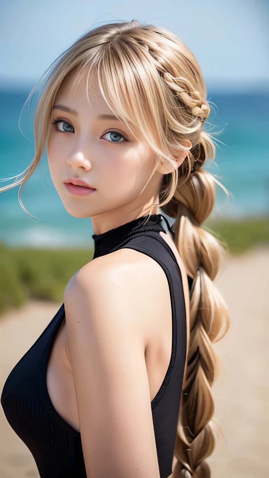 Sexy Big 、Sexy cute looks and cute 15 year old beautiful girl, beautiful and sexy face、A strong wind blows my hair in front of my face、beautiful long blonde French braided hair、beautiful, Cute and sexy eyes hidden behind long bangs