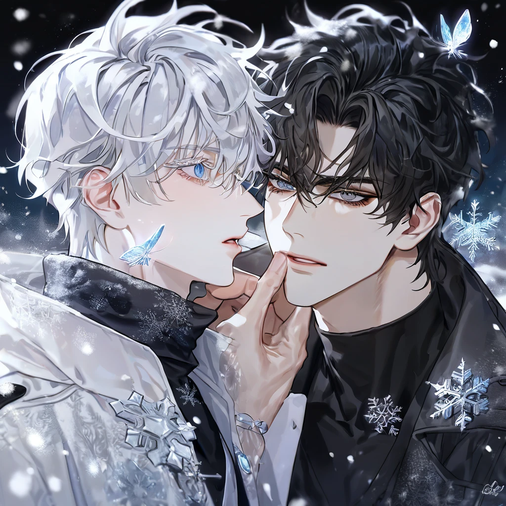 (absurdres, highres, ultra detailed, HDR) master piece, best quality, extremely detailed face, delicated features, Gojou Satoru, white hair, expressive blue eyes, white eyelashes, Omniscient Reader's Viewpoint, Yoo Joonghyuk, black hair, expressive gray eyes, two sexy men together, yaoi, gay couple, white coat, black coat, black tight shirt, scarf, snowing, snow, snowflakes, ice butterflies, night sky, magical, fantasy, winter