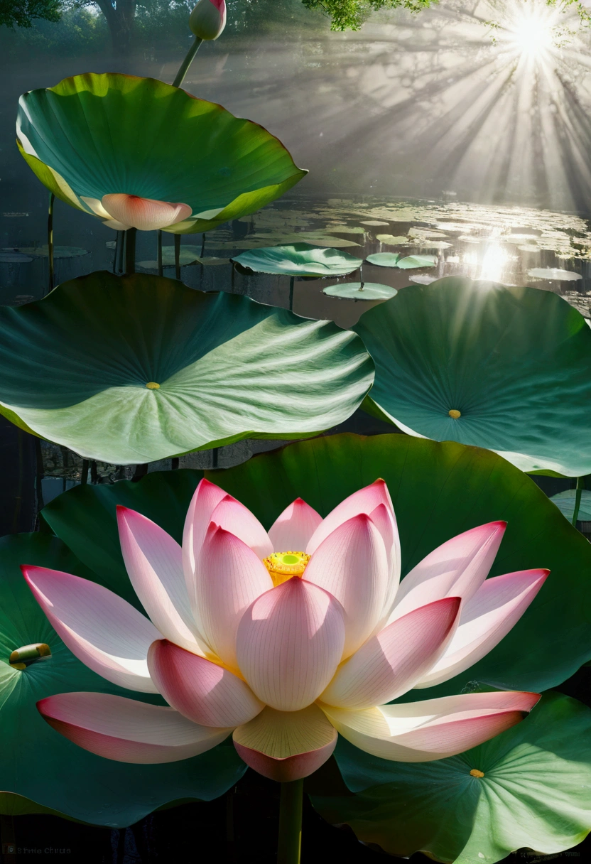 An unopened lotus，Lotus pink，Lotus leaf emerald green，Vision，Small and elegant, Sunlight，Foggy，Ray Tracing, Realism，Ultra HD, Retina, masterpiece, precise, Super Detail,, High Detail, high quality, The award-winning, best quality, high resolution, 16K