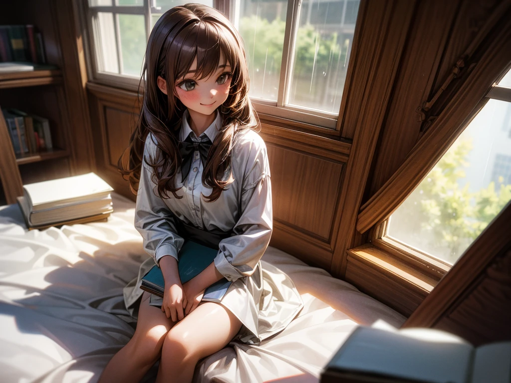 girl, read a bookริมหน้าต่าง, rain, read a book, bookcase, smile, Sit on the bed., white shirt, Jean shorts, brown hair, long hair, 3D, high resolution