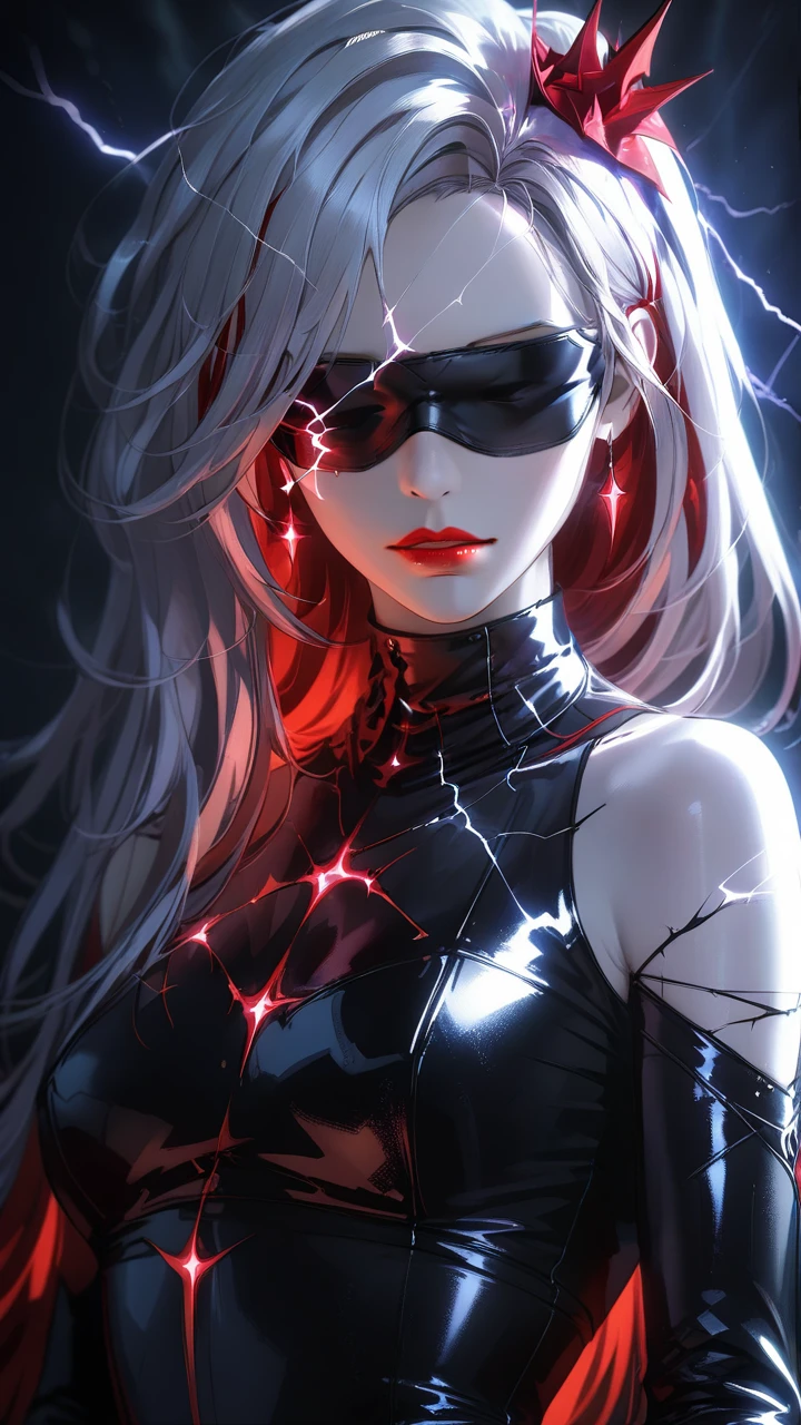 1girl, (blindfold), split-color hair:1.3, long hair, red lips, ,black latex bodysuit, pale skin, crown of thorns , dramatic lighting, soft shadow, masterpiece, best quality, safe, SFW, very aesthetic, recent, absurdres, highres, lightning, glowing,