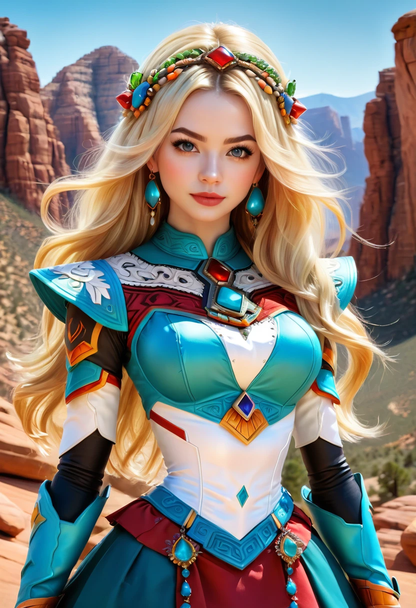 Beautiful boho women stunning merge of Masiela Lusha with colorful southwestern style dress. colorful southwestern earing and. jewelry, blond colored hair that is coarse, wiry, and tightly curled. It often has a rough texture, feels stiff to the touch, and may be prone to frizz and tangling. The curls can be densely packed. The Official Art – An Award-Winning Digital Masterpiece In 4K Ultra HD, Extreme Detail And Intricate Realism. symmetrical face. This Concept Art Brought To Life By The Hands Of Artists Like Wlop & Artgerm In A Stunning 2D Vector Illustration. large, perky, full, vuluptious, symmetrical and spherical breasts. Background is a beautiful panoramic vista of a red rock canyon.