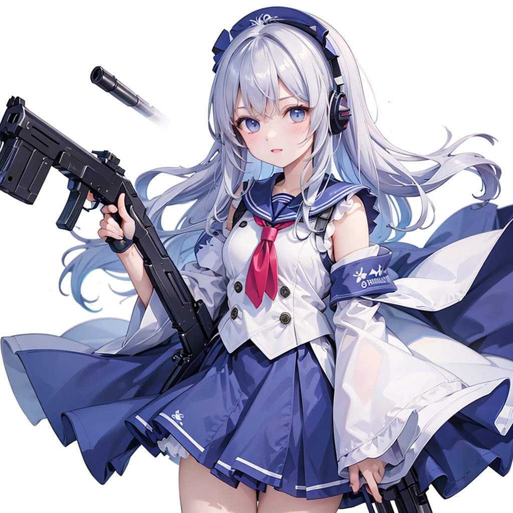 1girl、(((Highest quality、Masterpiece、Official Art、The best dynamic composition、Super detailed)))、Sniper high school girl、Black Sailor Suit、Anime Style、Creative outfits、、Unique and original hairstyle、 holding_gun、QBU10,体を伏せてgunをかまえサイトを覗きこんでいる、To the audience、White Background, Holding, Holding 武器, gun, Holding gun, Armband, rifle, Grey Skirt, headset, assault rifle, grey gloves, 