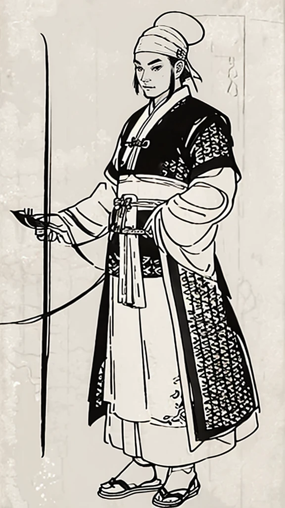 (((Monochrome)))、(((Ink Painting)))、((ancient china、Handsome young man with a bun and a white swimming cap))、Have a long weapon、Hands on hips、Line art、Oriental、Ultra-high resolution、Game Poster、Crisp and beautiful image quality、whole body ,(ancient china鎧, Dragon head on shoulder, (ancient china鎧 with intricate pattern:1.2), gloves, Long trousers, (Very detailed, bloom:1.5), (Highest quality, Concept Art, 4K), (analog:1.2), (high sharpness), (Detailed pupil:1.1), Detailed face and eyes, masterpiece, Highest quality,8k, (Black Hair, Dynamic Short Hair), (PurerosFace_v1:0.2), [:(Detailed face:1.2):0.2], sharp, Realistic Shadows,  